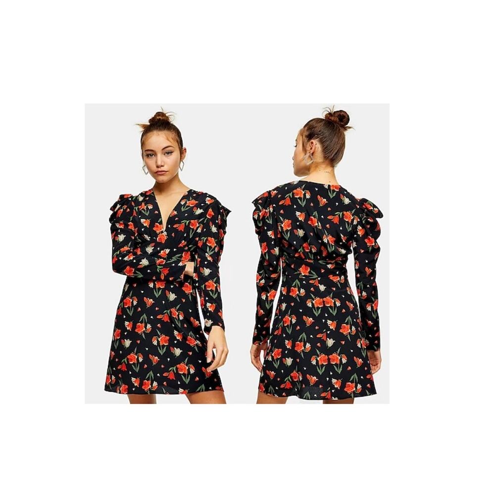 Topshop long sleeve mini dress puff sleeves size 8
